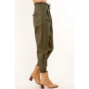 Brand New: Tie Waist Paperbag Cotton Pants Olive Green -Cotton